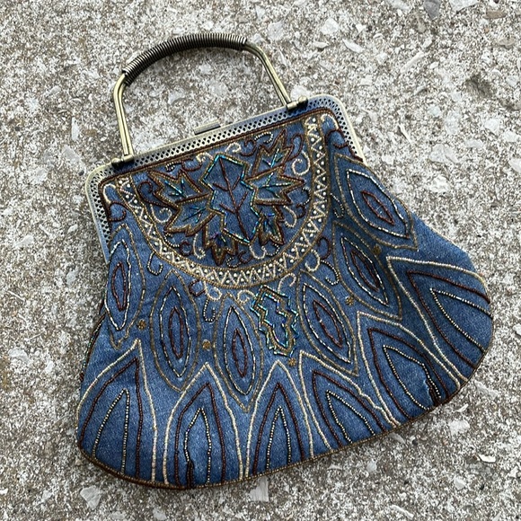 Western Turquoise Beaded Denim Victorian Style Chain Strap Handbag - Picture 4 of 8